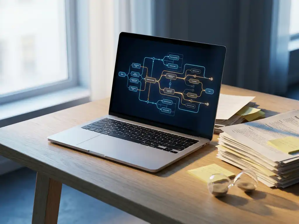 Laptop met digitale proceskaart op minimalistisch bureau, omgeven door papieren rapporten, plaknotities en een omgevallen zandloper.