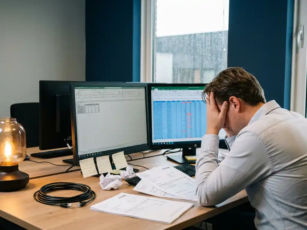 Gefrustreerde kantoormedewerker tussen twee monitoren met conflicterende spreadsheets, stapels facturen en losgekoppelde ethernetkabel op bureau.