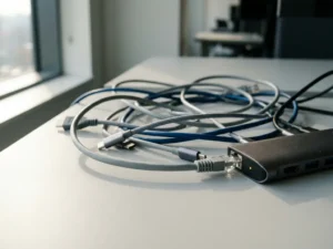 Verstrengelde ethernet- en USB-kabels losjes op een modern bureau, één stekker losgekoppeld van een hub, in koele grijze en marineblauw tinten met een warme amberaccent.