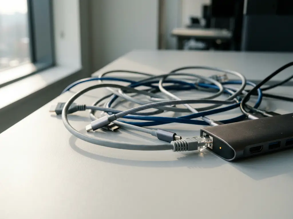 Verstrengelde ethernet- en USB-kabels losjes op een modern bureau, één stekker losgekoppeld van een hub, in koele grijze en marineblauw tinten met een warme amberaccent.