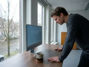 Gefrustreerde kantoormedewerker staart naar bevroren laadscherm op monitor, gespannen handen op bureau, koffiekopje ernaast.