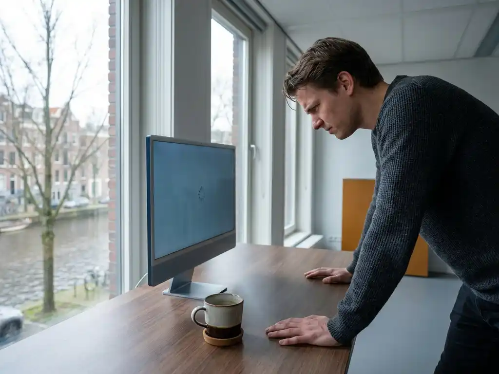 Gefrustreerde kantoormedewerker staart naar bevroren laadscherm op monitor, gespannen handen op bureau, koffiekopje ernaast.