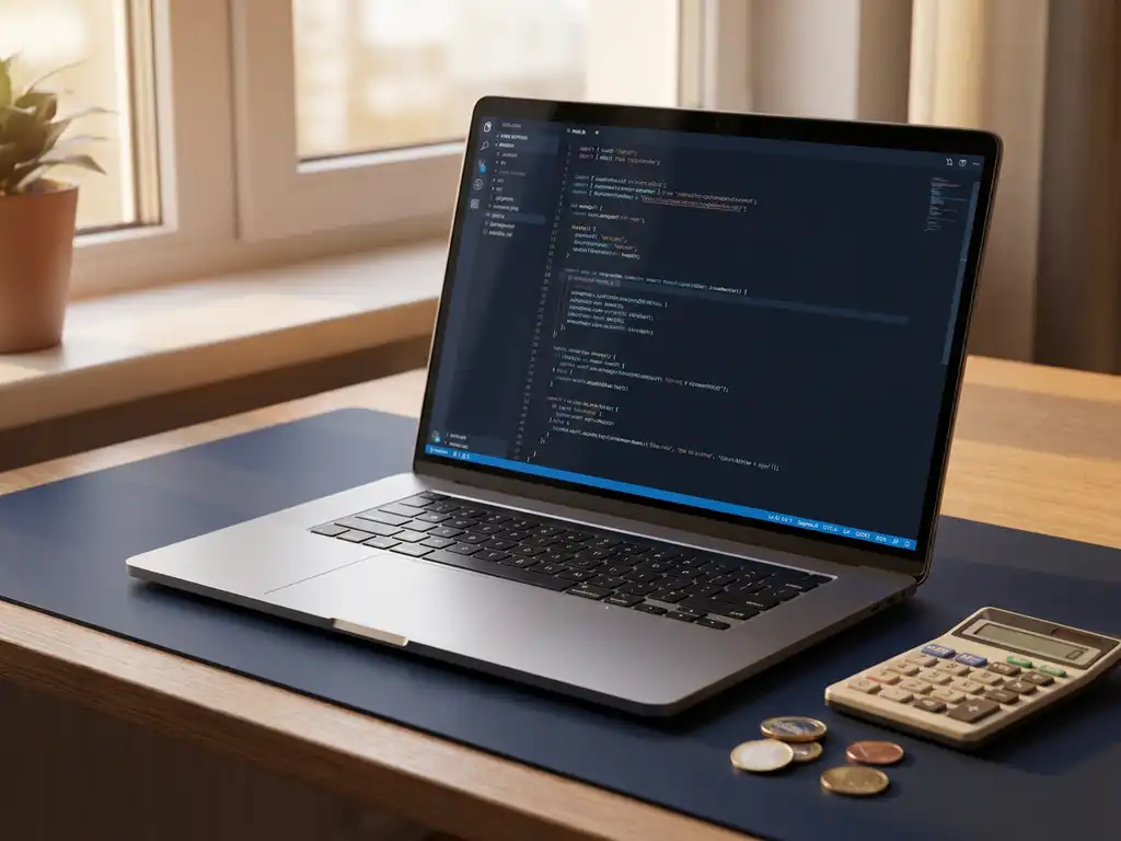 Laptop met code op minimalistisch bureau, omringd door rekenmachine en euromunten in warm ochtendlicht.