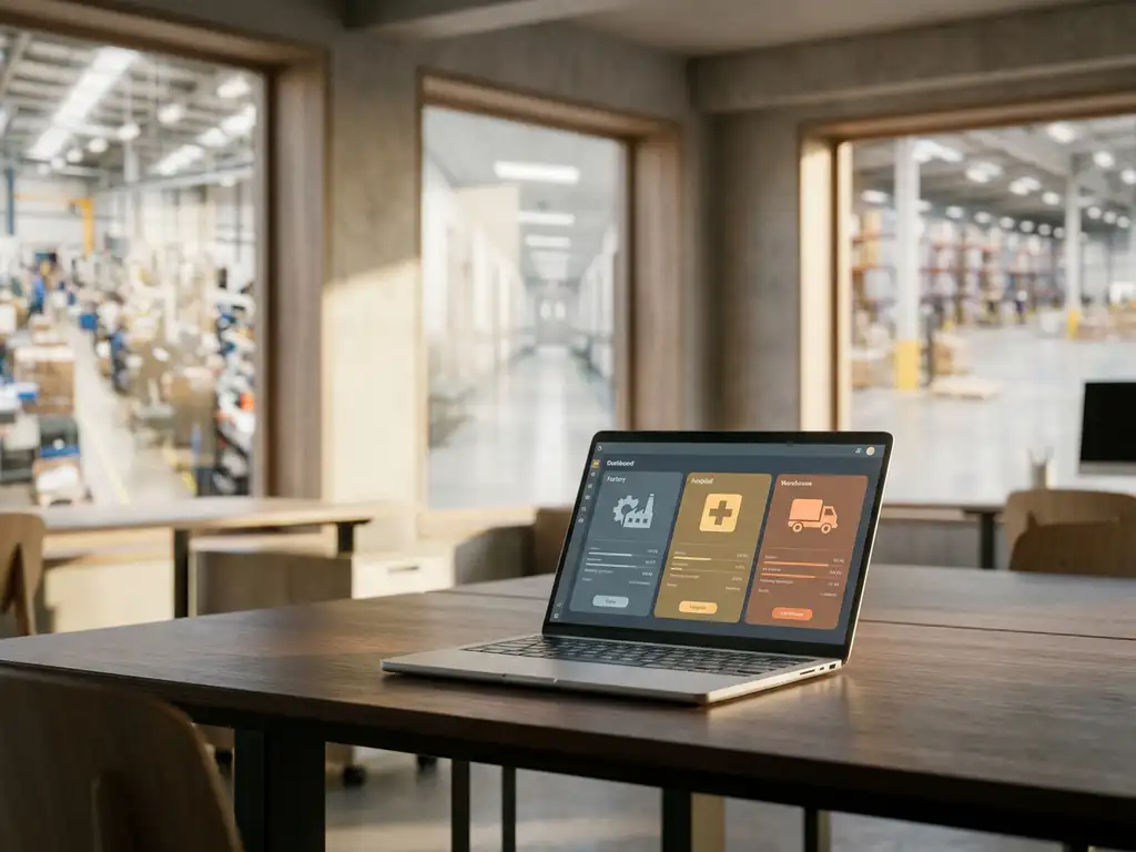 Laptop met bedrijfsdashboard op modern bureau, met fabrieks-, ziekenhuis- en logistieke omgevingen zichtbaar op achtergrond.