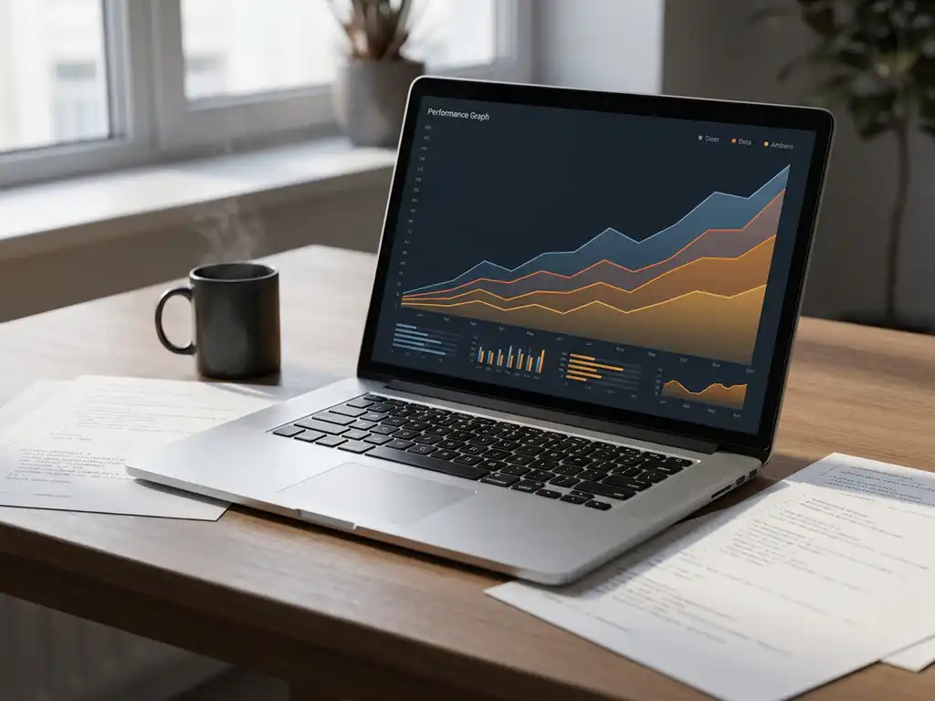 Laptop met prestatie-dashboards en stijgende grafieken op een minimalistisch bureau, omringd door code-uitdraaien en een dampende koffiekop.