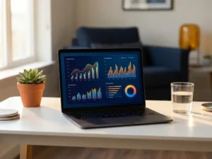 Laptop met kleurrijke prestatiegrafiek en datadashboard op modern bureau, naast een potplant en glas water in zacht natuurlijk licht.