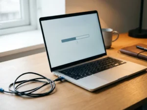 Laptop op een eiken bureau met bevroren voortgangsbalk en loshangende ethernetkabel, verlicht door zijdelings natuurlijk licht.