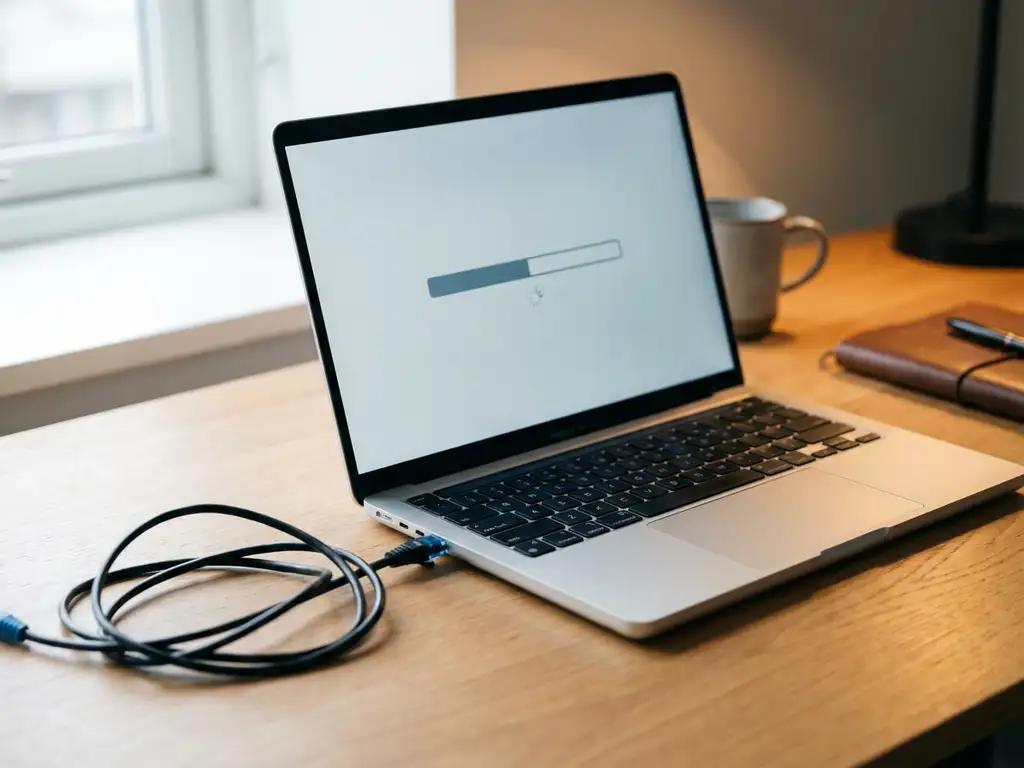 Laptop op een eiken bureau met bevroren voortgangsbalk en loshangende ethernetkabel, verlicht door zijdelings natuurlijk licht.