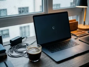 Laptop met bevroren laadscherm op ontwikkelaarsbureau, naast afgekoelde koffie en verstrengelde kabels in koel grijs-blauw licht.