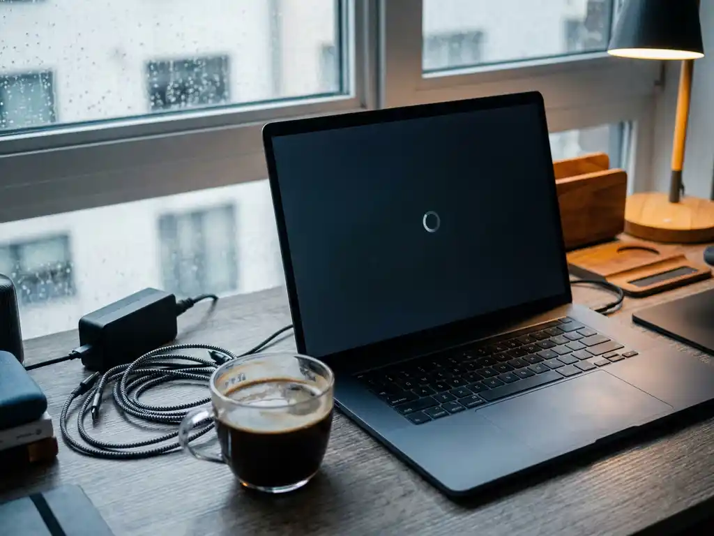 Laptop met bevroren laadscherm op ontwikkelaarsbureau, naast afgekoelde koffie en verstrengelde kabels in koel grijs-blauw licht.