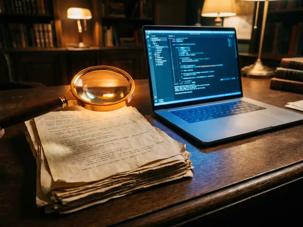 Vergrootglas boven verouderde codepagina's op een eikenhouten bureau naast een moderne laptop met blauw scherm.