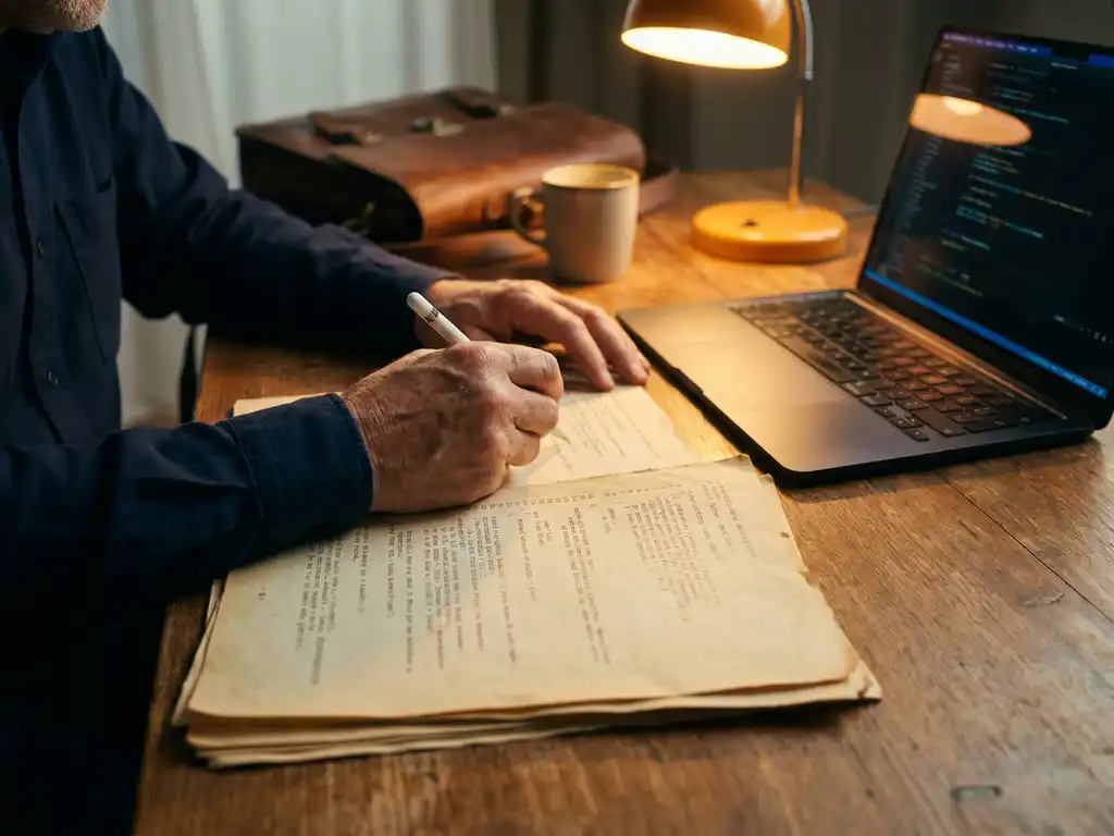 Ervaren ontwikkelaar annoteert verouderde code op vergeld papier naast moderne laptop, verlicht door warm amberkleurig bureaulamp.