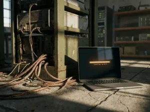 Verwarde koperen serverkabels en verouderde hardware naast een moderne laptop met diagnostische scan op betonnen datacenterv­loer.