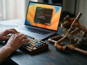 Ontwikkelaarshanden boven mechanisch toetsenbord naast verroeste koperen leidingen, met gloeiend laptopscherm op donker bureau.