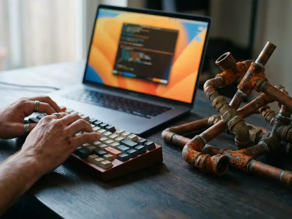 Ontwikkelaarshanden boven mechanisch toetsenbord naast verroeste koperen leidingen, met gloeiend laptopscherm op donker bureau.