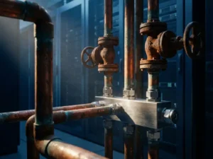 Verroeste koperen industriële leidingen en kleppen verbonden met een moderne roestvrijstalen manifold in een serverruimte met blauw licht.
