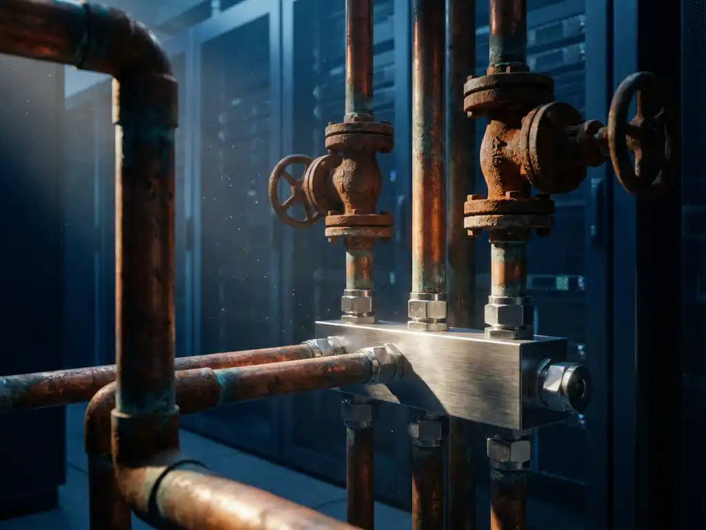 Verroeste koperen industriële leidingen en kleppen verbonden met een moderne roestvrijstalen manifold in een serverruimte met blauw licht.