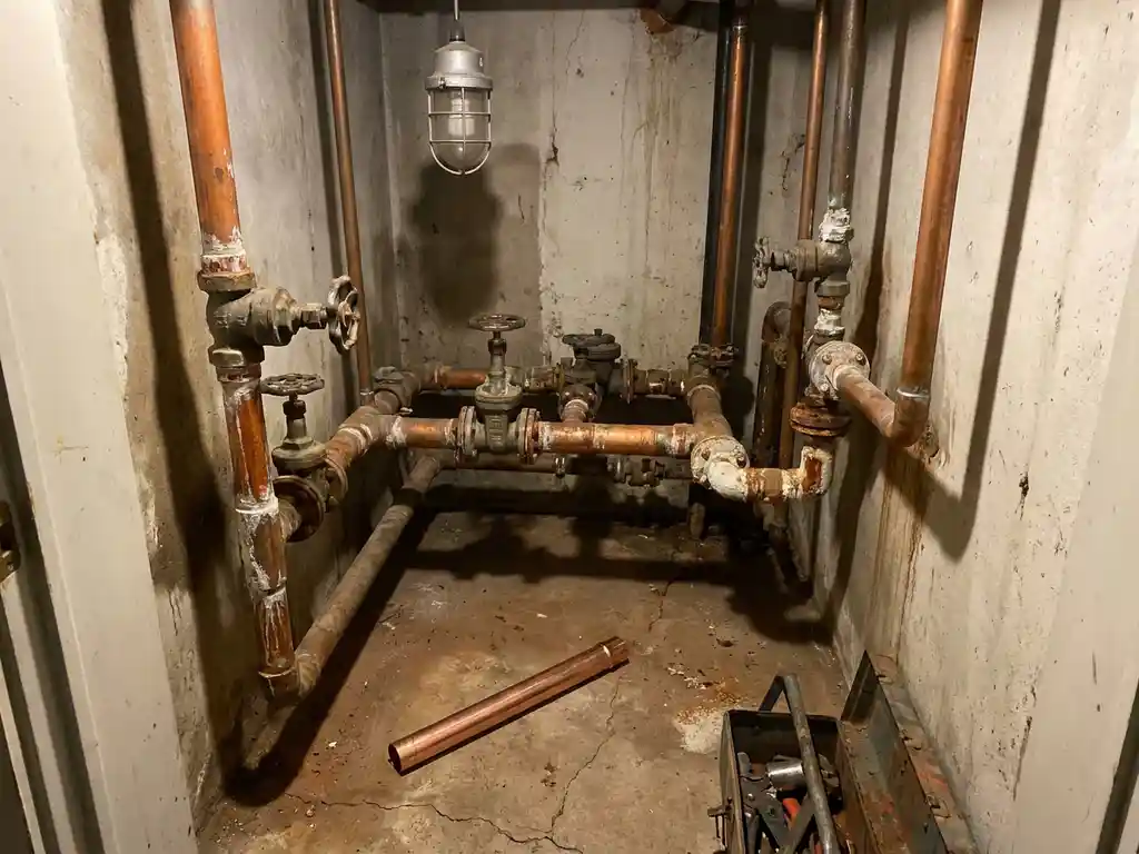 Verouderd leidingwerk met roestige koperen buizen en kleppen in een krappe technische ruimte, nieuw buisdeel ongebruikt op de vloer.