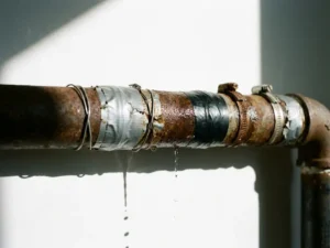 Verouderde waterleiding met scheuren, lekken en mislukte reparaties van tape en klemmen tegen een witte muur.