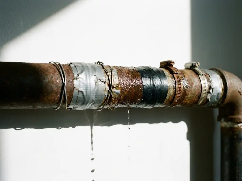 Verouderde waterleiding met scheuren, lekken en mislukte reparaties van tape en klemmen tegen een witte muur.