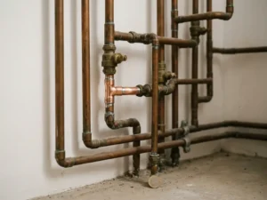 Verwarde koperen leidingen en kleppen aan witte muur, met één nieuw vervangen pijpverbinding en een euromunt op de vloer.