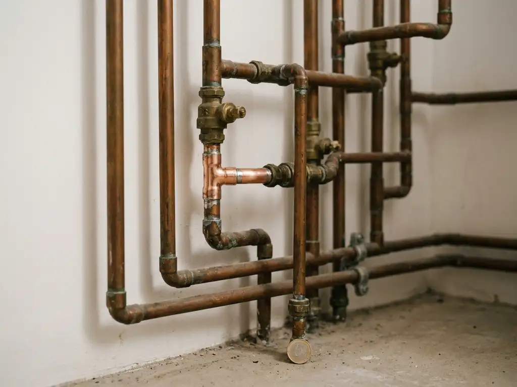Verwarde koperen leidingen en kleppen aan witte muur, met één nieuw vervangen pijpverbinding en een euromunt op de vloer.