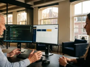 Ervaren ontwikkelaar begeleidt collega bij dual-monitor werkstation met legacy code en moderne interface in zonnig Nederlands kantoor.