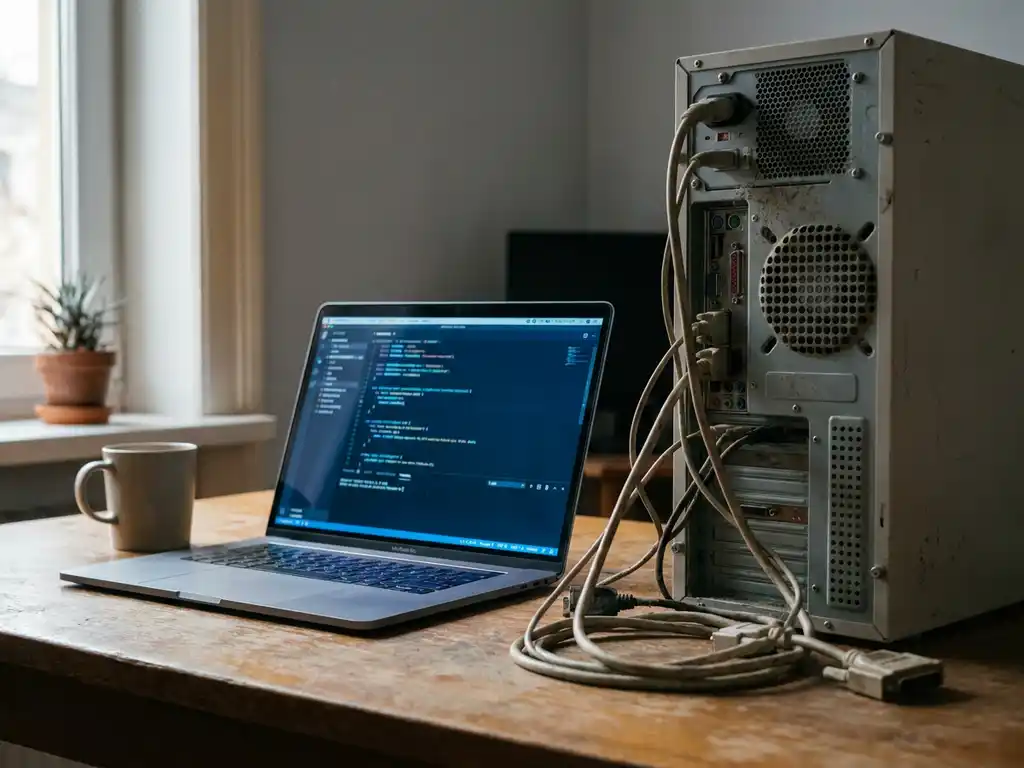 Moderne laptop met gestructureerde code naast een verouderde towerserver met versleten kabels op een minimalistisch bureau.