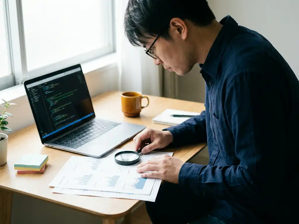 Softwareontwikkelaar onderzoekt diagnostische rapporten en laptopcode aan een opgeruimd bureau met vergrootglas en koffie.