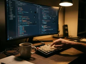 Ontwikkelaar aarzelt met hand boven mechanisch toetsenbord, monitor toont verdachte code, gebarsten koffiemok op donker eiken bureau.