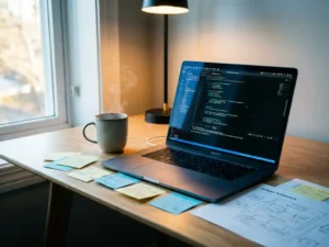 Laptop met code op houten bureau, omringd door sticky notes, koffie en een softwarearchitectuurdiagram in warm licht.