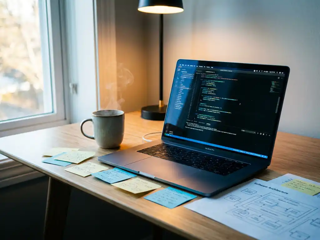 Laptop met code op houten bureau, omringd door sticky notes, koffie en een softwarearchitectuurdiagram in warm licht.