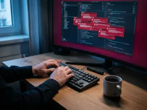 Ontwikkelaar typt op mechanisch toetsenbord terwijl rode foutmeldingen oplichten in een donkere IDE op de achtergrond.