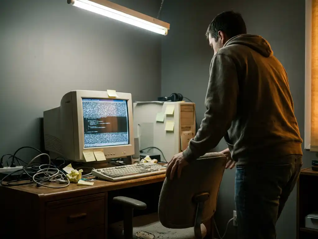 Ontwikkelaar verlaat rommelig bureau met verstrengelde kabels, plakbriefjes en een verouderde CRT-monitor met bevroren scherm.