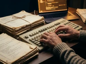 Ontwikkelaarshanden boven een mechanisch toetsenbord, omringd door stapels verouderde broncode op papier, met een laptop op de achtergrond.