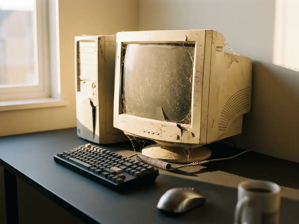 Verouderde desktop-pc uit de jaren 2000 op modern bureau met mechanisch toetsenbord, warm middaglicht en diepe schaduwen.