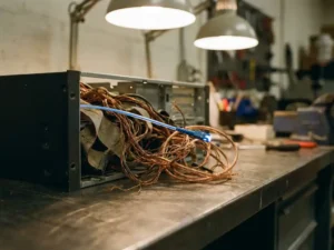 Verouderde koperen bedrading en stoftige lintkabels in een open serverunit, met één moderne glasvezelkabel die er doorheen loopt.