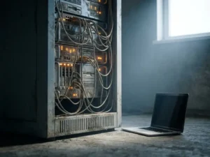 Verouderd serverrek met verstrengelde kabels naast een moderne laptop op betonnen vloer, verlicht door koel wit licht.