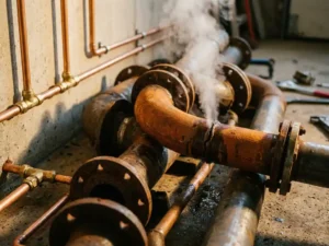 Verouderde industriële leidingen met gecorrodeerde verbindingen en lekkende stoomkoppeling, naast moderne koperen buizen op betonnen vloer.