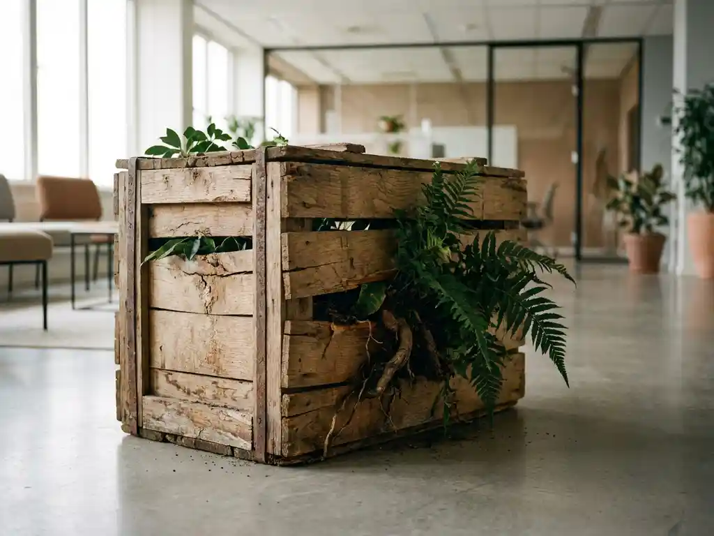 Groene plant die door de gebarsten latten van een verweerde houten krat breekt, wortels naar buiten drukkend op betonnen vloer.