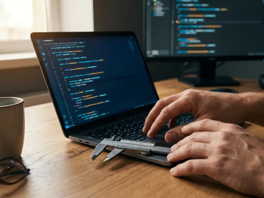 Ontwikkelaarshanden boven een precisie-schuifmaat op een laptop met code, symboliseert nauwkeurigheid in softwareontwikkeling.