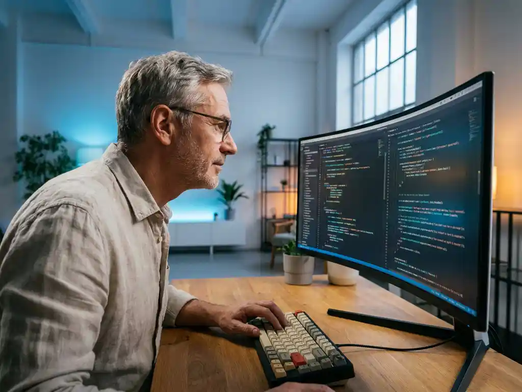 Ervaren ontwikkelaar analyseert kleurrijke code review-annotaties op ultrabreed scherm in modern Nederlands softwarekantoor.