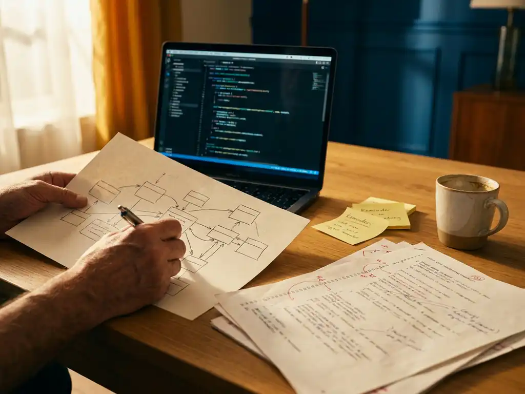 Doorgewinterde ontwikkelaar schetst systeemarchitectuurdiagram op papier naast laptop, met legacy code-uitdraaien en sticky notes op eiken bureau.