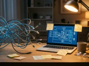 Verward netwerk van gloeiende serverkabels op een bureau met laptop met systeemarchitectuurdiagram en onafgemaakte flowcharts op sticky notes.