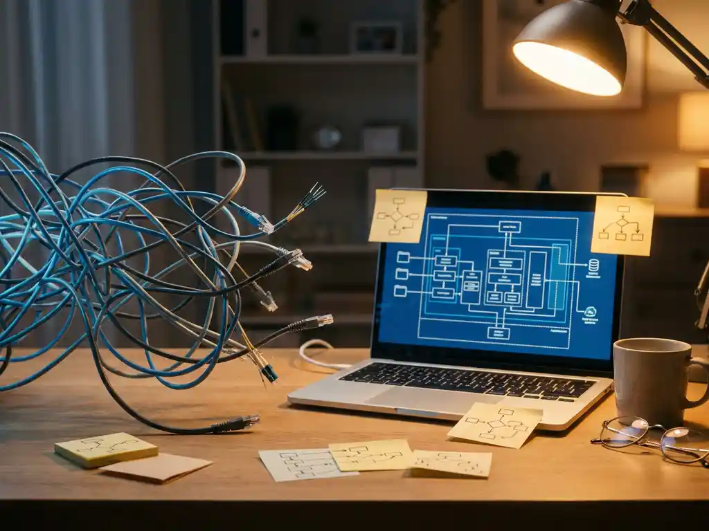 Verward netwerk van gloeiende serverkabels op een bureau met laptop met systeemarchitectuurdiagram en onafgemaakte flowcharts op sticky notes.