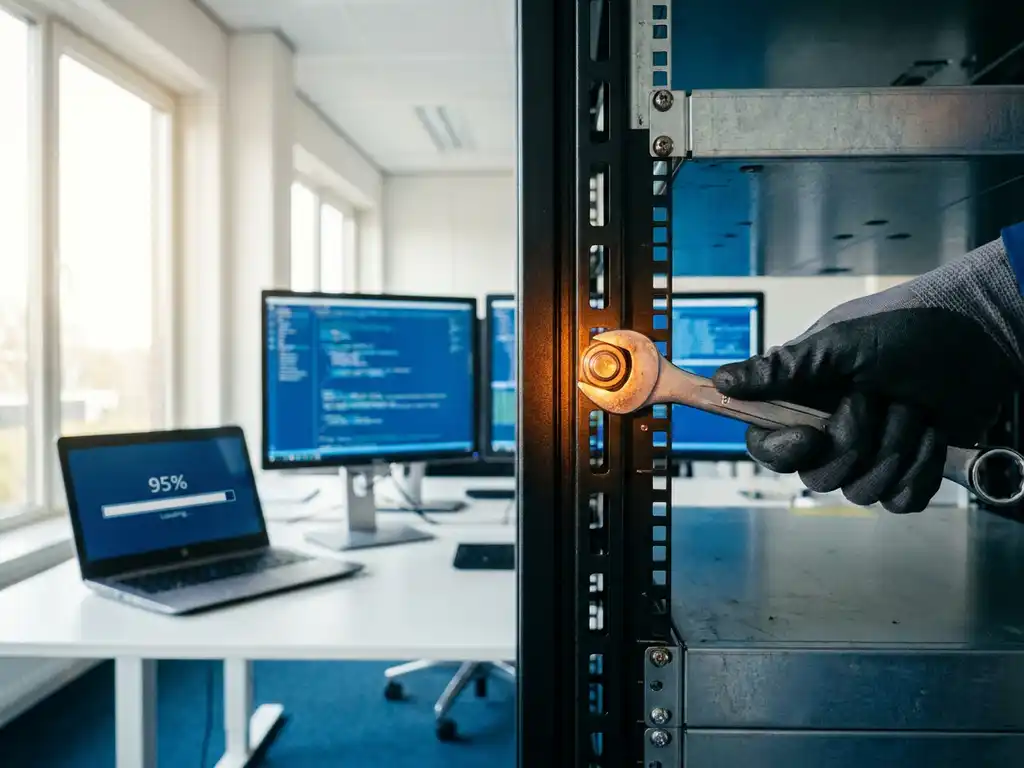 Monteur die bout vastdraait aan serverrack in modern Nederlands kantoor, laptop met voortgangsbalk op achtergrond.