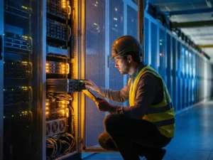 Engineer inspecteert serverrack in enorme datacenterhal met eindeloze rijen gloeien servers en oranje statuslichten.