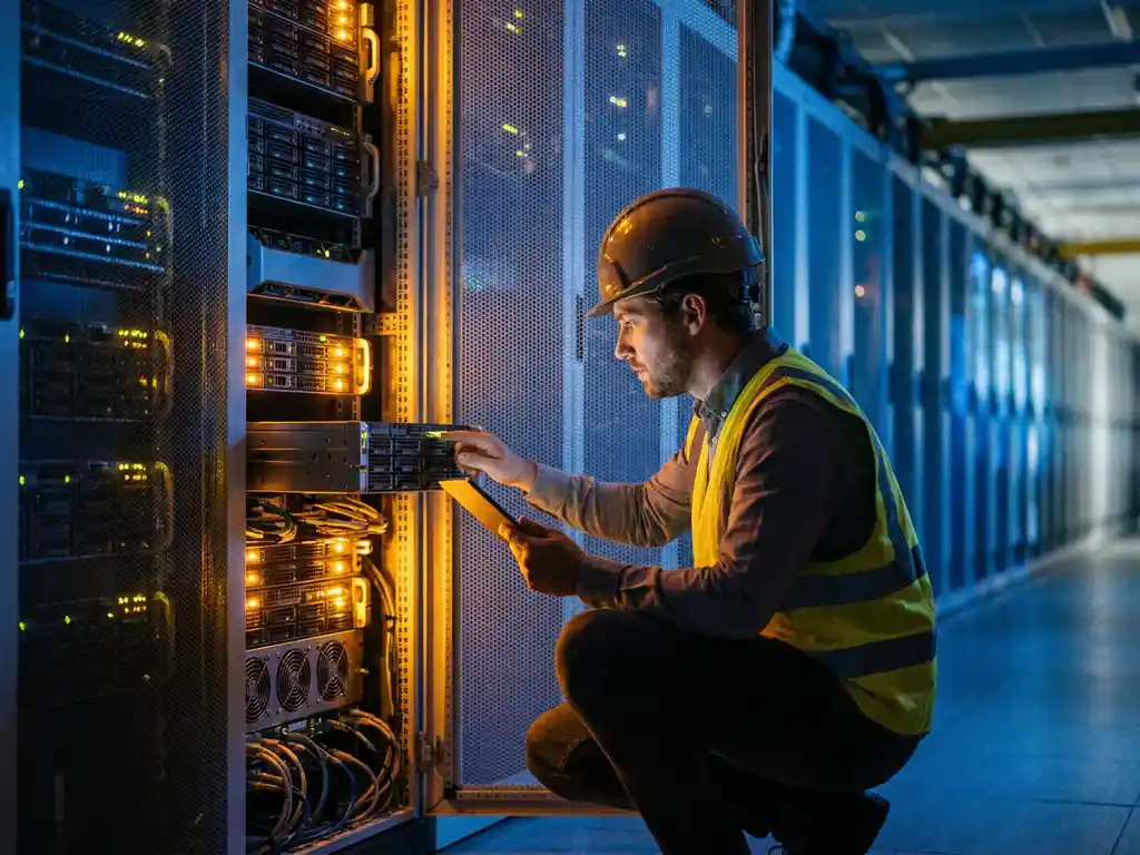 Engineer inspecteert serverrack in enorme datacenterhal met eindeloze rijen gloeien servers en oranje statuslichten.