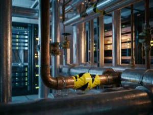 Koperen pijpverbinding met geel waarschuwingstape als knelpunt in een netwerk van serverleidingen en kleppen.