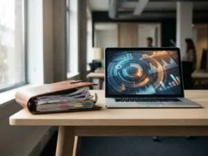 Laptop met data-visualisaties naast een leren auditmap op een modern bureau in een Nederlands softwarekantoor.